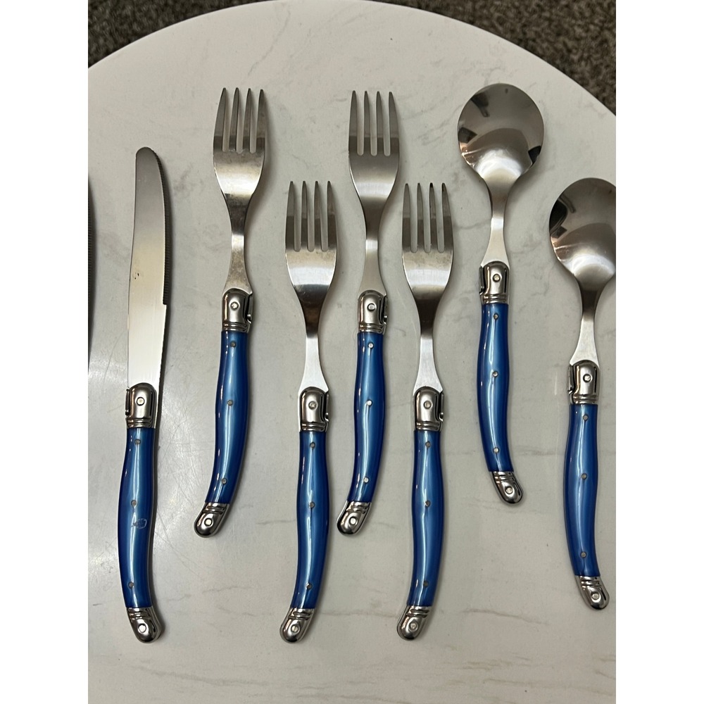 Laguiole‎ Jean Dubost French Home 8pc Flatware Set Blue Stainless - Picture 10 of 13